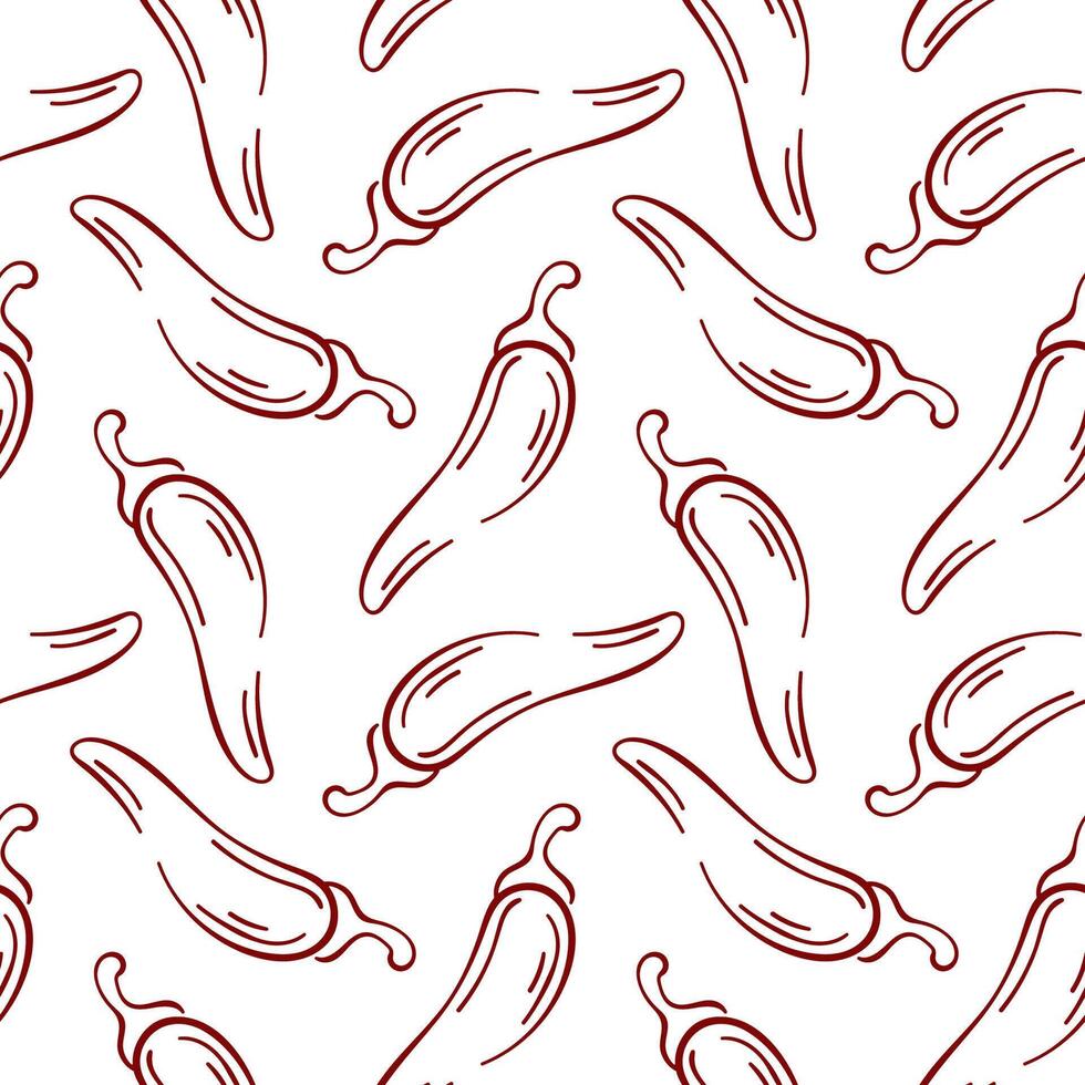 Seamless pattern of red chili pepper in line art style on white background. Perfect for food, spice hot cuisine, kitchen, vegetable and culinary theme design. vector