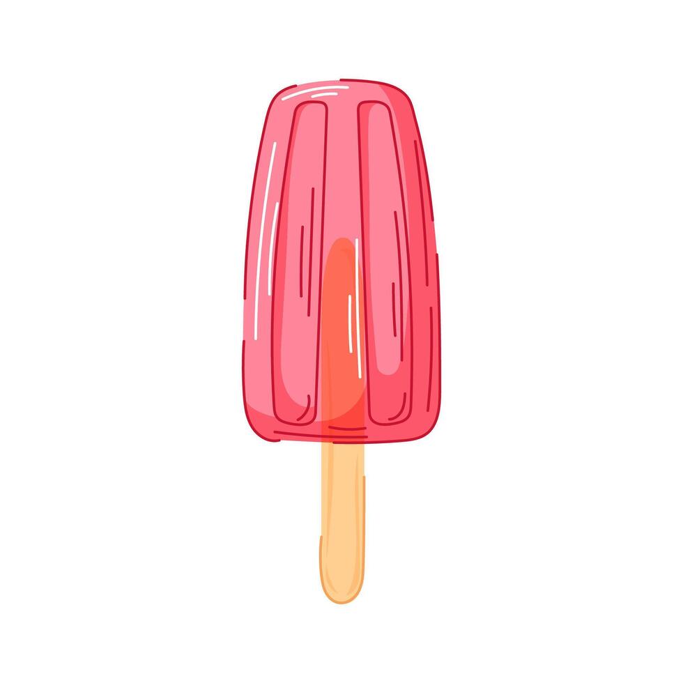 Watermelon ice cream on wooden stick in cartoon style isolated on white background. Ideal for summer theme, cafe design. vector