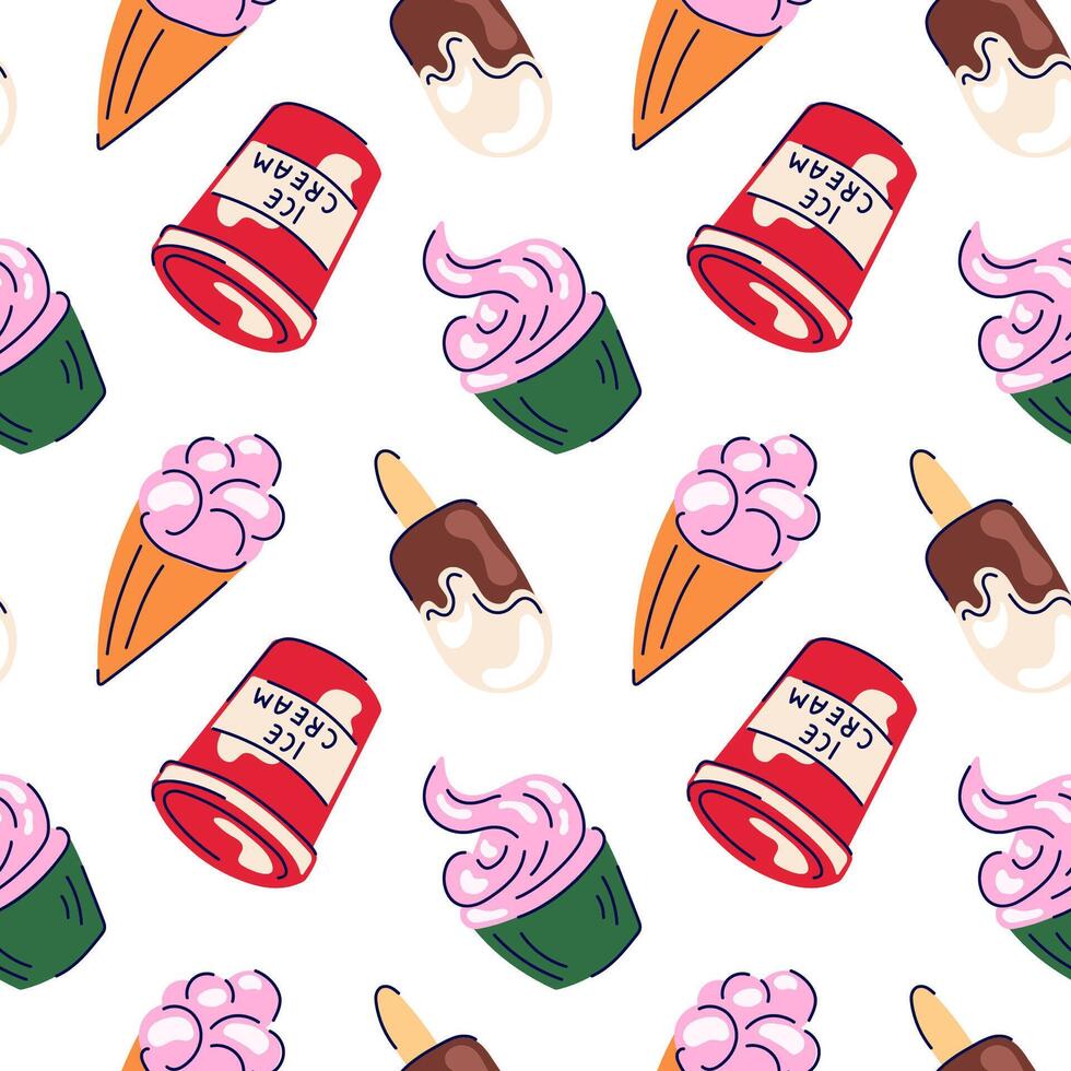 Seamless pattern with ice cream in cup, cone and cupcake in flat style on white background. Perfect for dessert packaging, summer theme design. vector