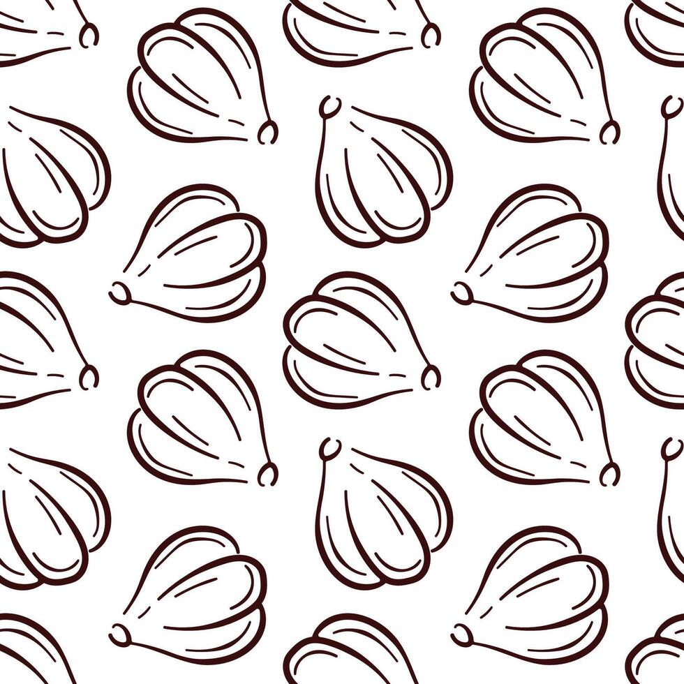 Seamless pattern of garlic bulb in line art style on white background. Ideal for culinary, herb, spice, food and organic kitchen design and decoration. vector