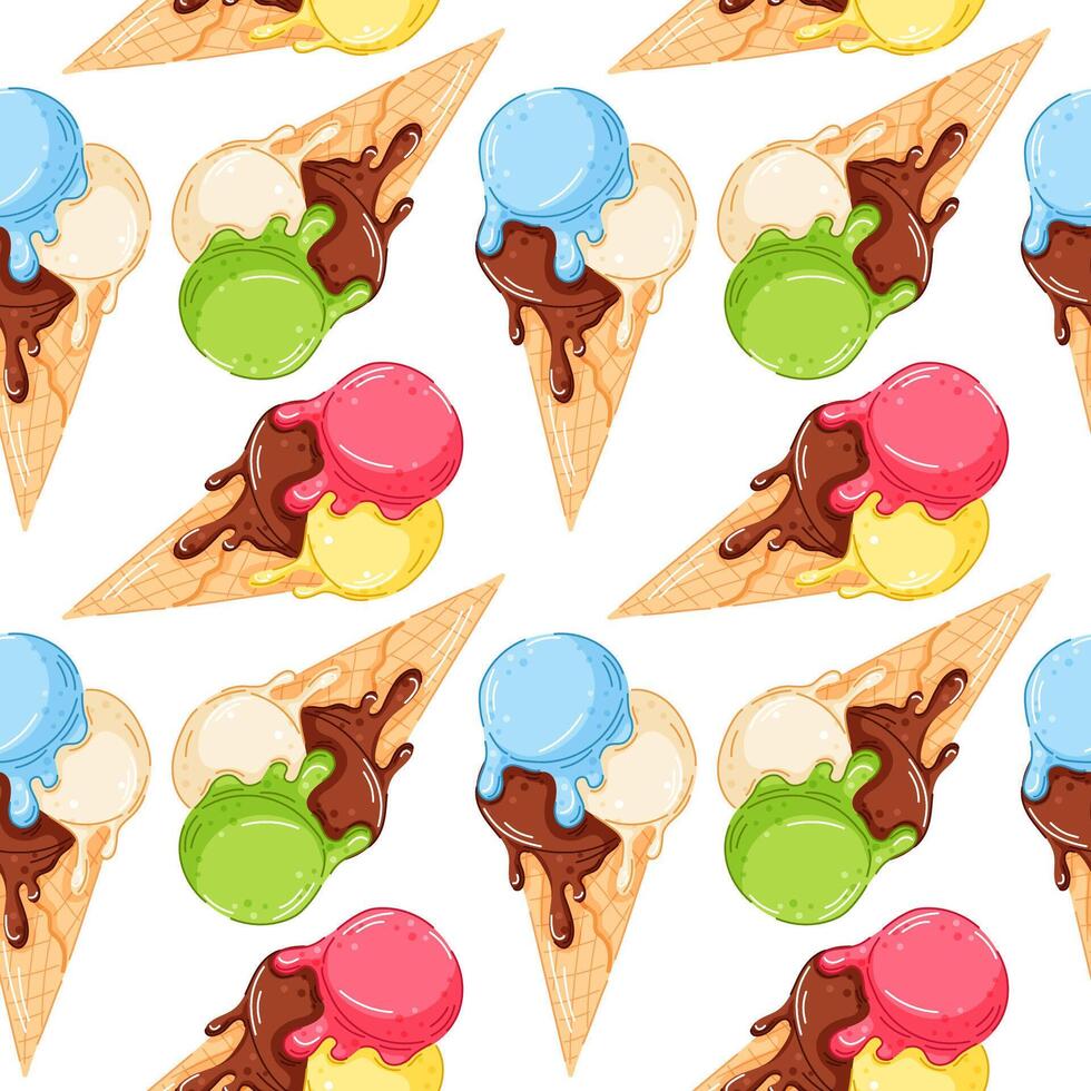 Seamless pattern with Triple melting scoop ice cream cone with chocolate, strawberry, lemon, kiwi, blueberry and vanilla flavor in cartoon style. Perfect for summer design wallpaper. vector