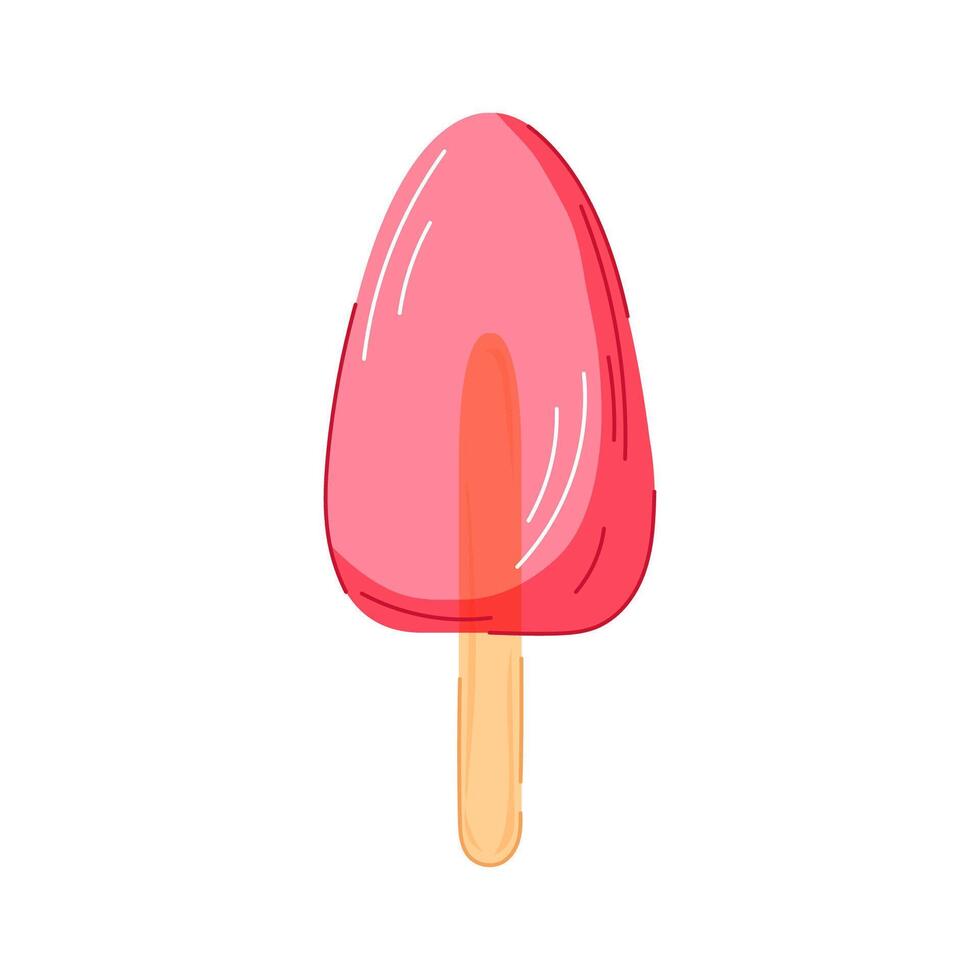 Strawberry ice cream on wooden stick in cartoon style isolated on white background. Ideal for summer design, cafe menu. vector