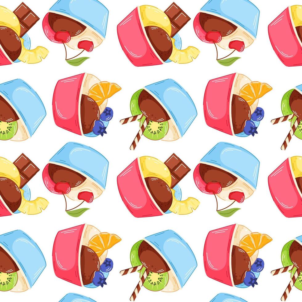 Cartoon ice cream scoop in paper cup seamless pattern. Sorbet with kiwi, pineapple, blueberry and chocolate bar. Perfect for summer design, dessert cafe wallpaper and textile. vector