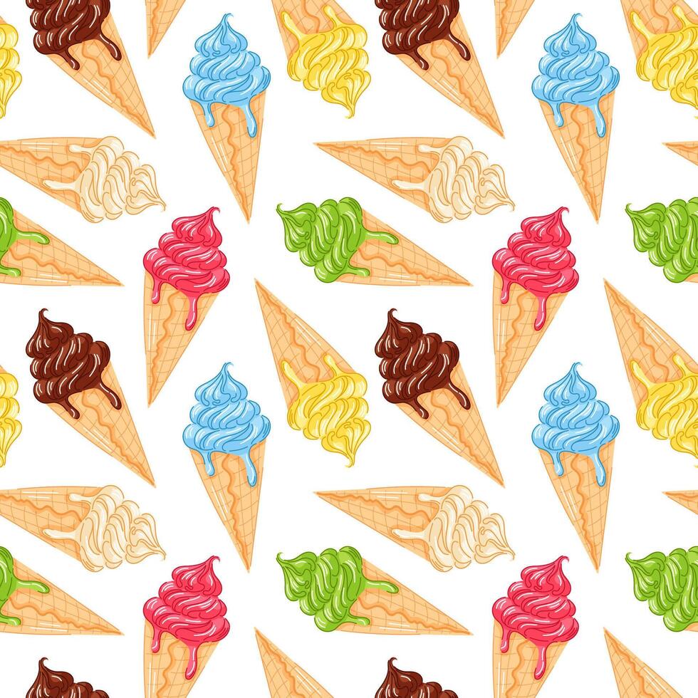 Seamless pattern of soft ice cream cone melting scoop in various flavors in cartoon style. Perfect for summer background, packaging and food themed textile design. vector