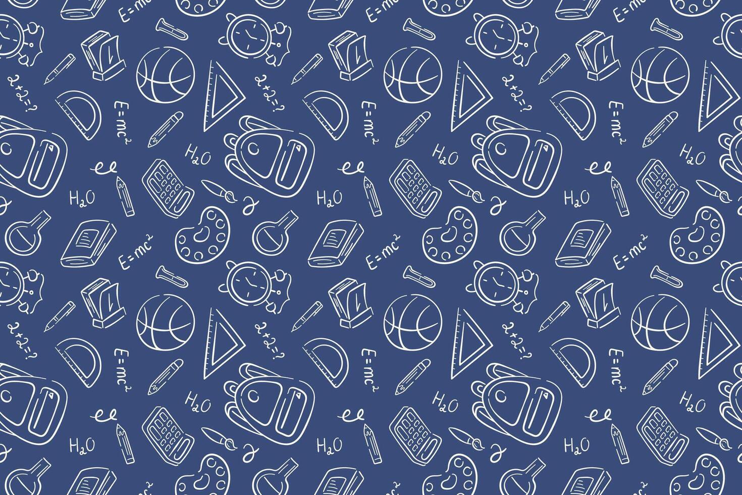 Back to school supply in doodle style seamless pattern. Line art stationary illustration design on a blue background for package, wallpaper. vector