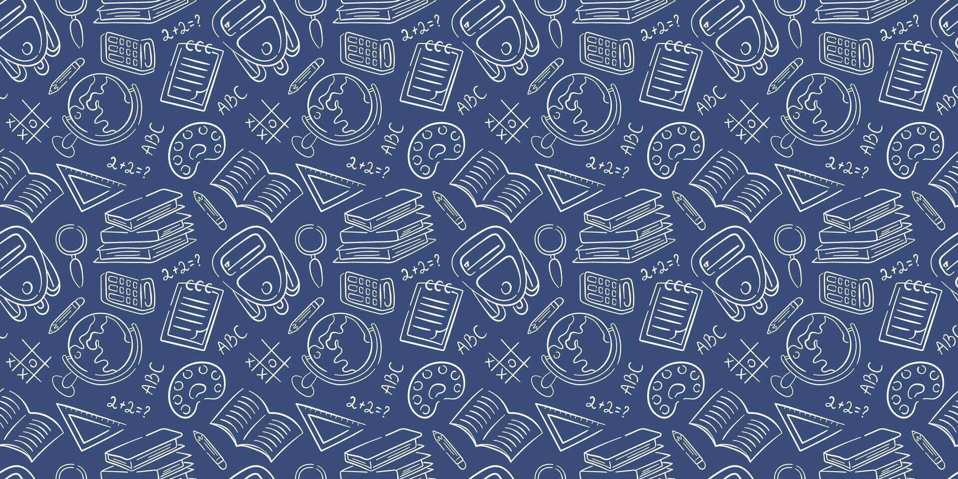 Back to school seamless pattern in doodle style. Sketch object stationary of pencil, pen, book, backpack, ruler, globe on a blue background. vector