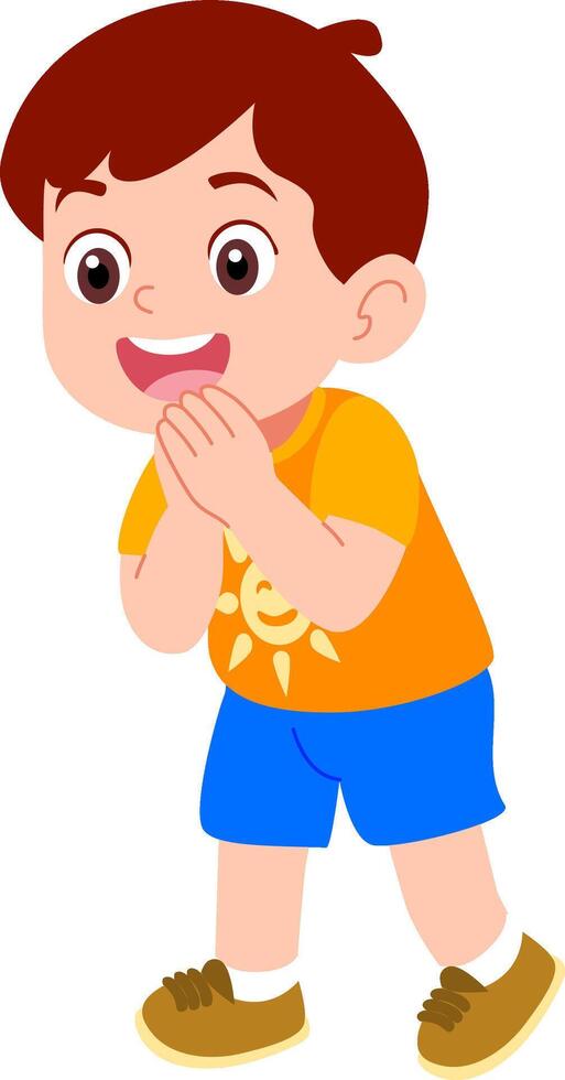 Kindergarten boy character with hair clip playing hide and seek outdoors vector
