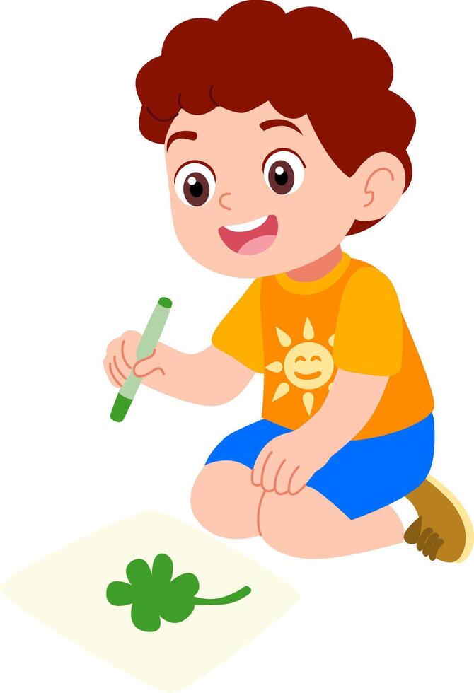 Kindergarten boy character playing outdoors drawing green leaf vector