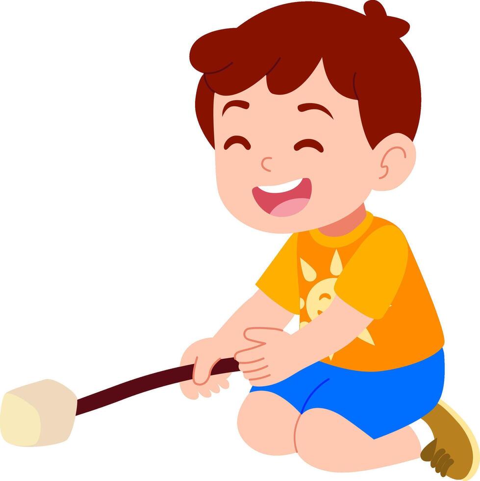 Kindergarten children's boy characters playing outdoors roasting marshmallows Happy face vector