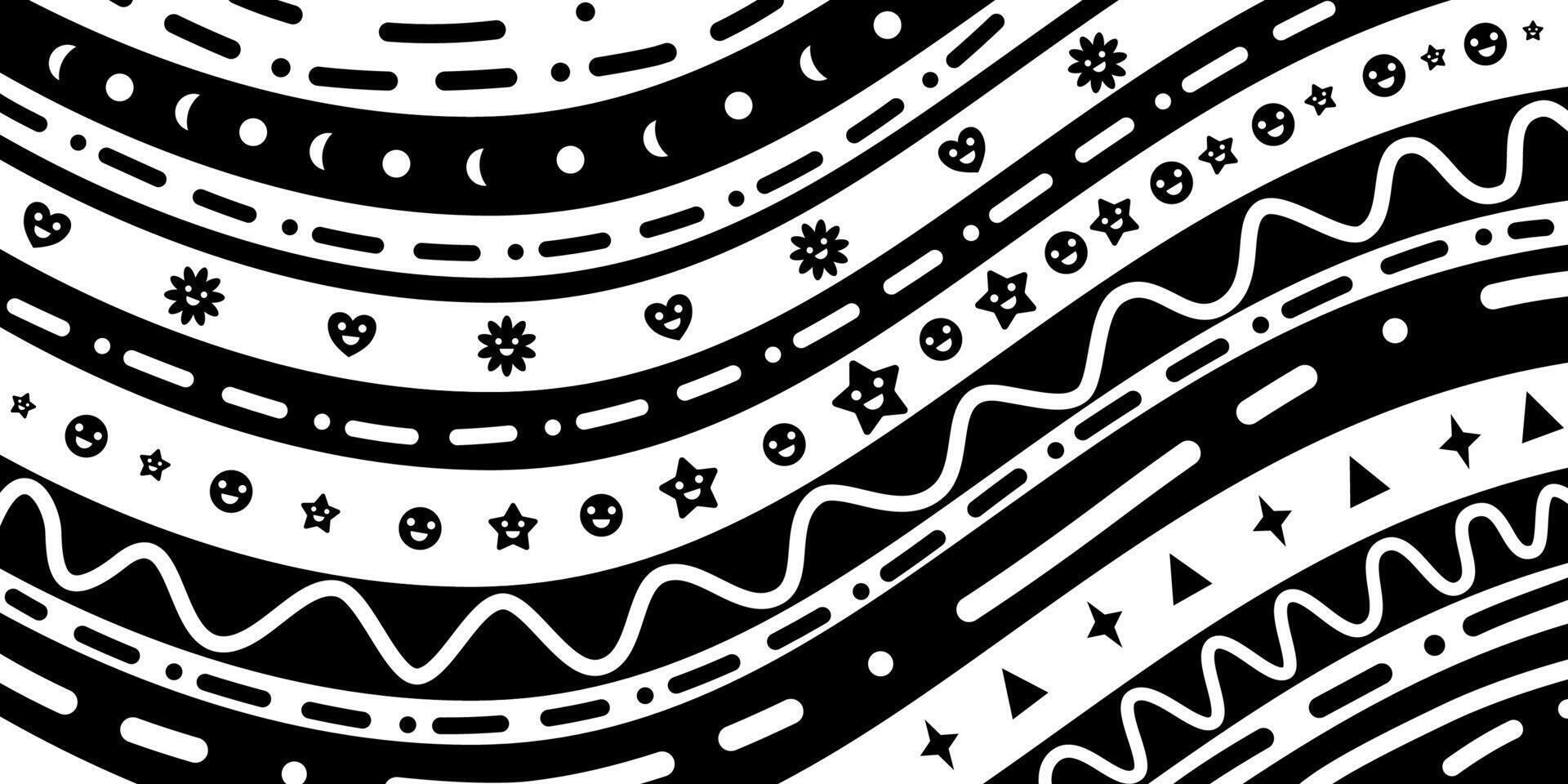 The wavy line pattern with the addition of funny facial expressions, such as smiles and surprise, creates a cheerful mood in the black and white design. vector