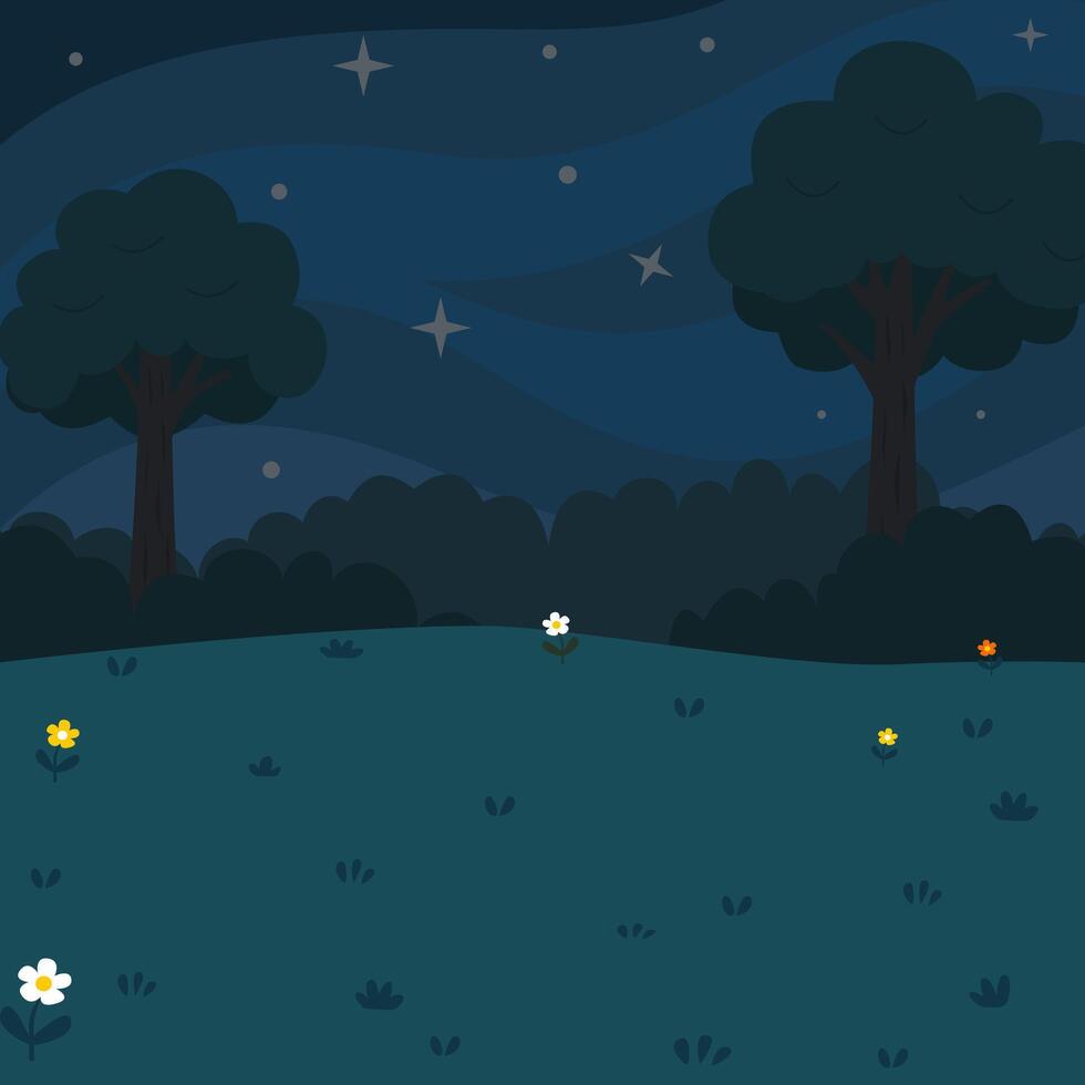 flat outdoor illustration of forest with night sky suitable for campfire and stargazing illustration vector