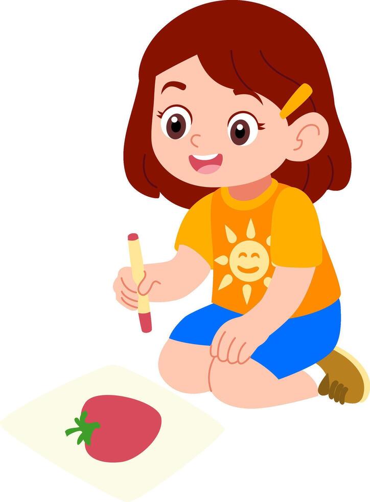 Kindergarten girl character playing outdoors drawing strawberries vector