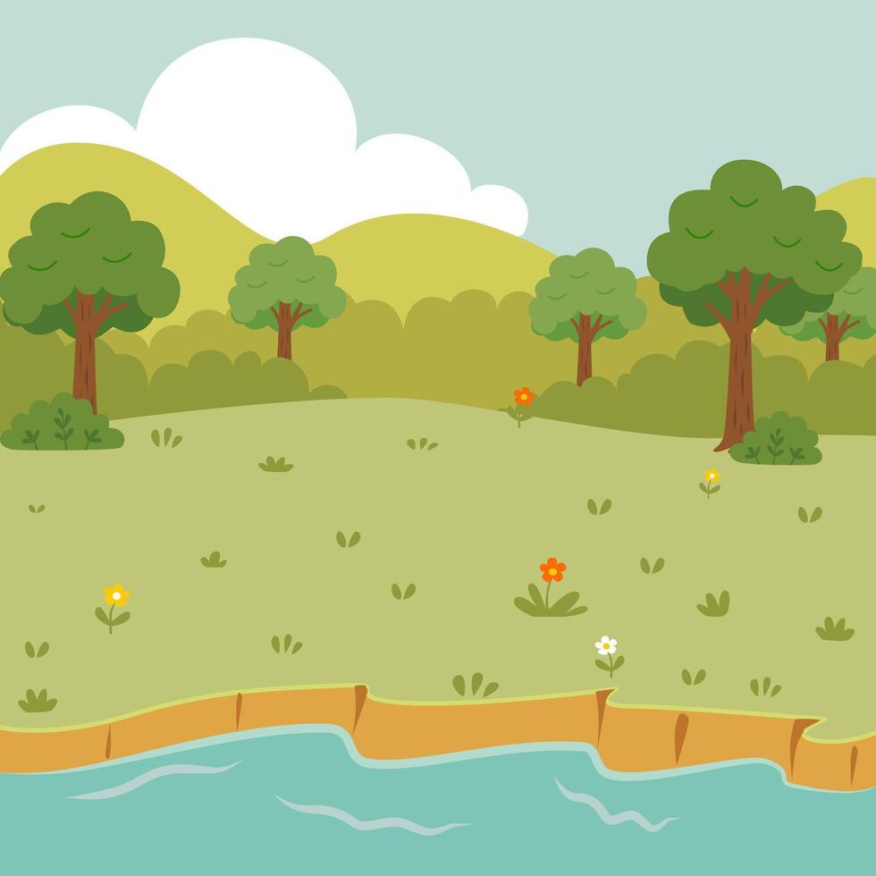 flat outdoor illustration of forest and river suitable for children's theme playing water vector