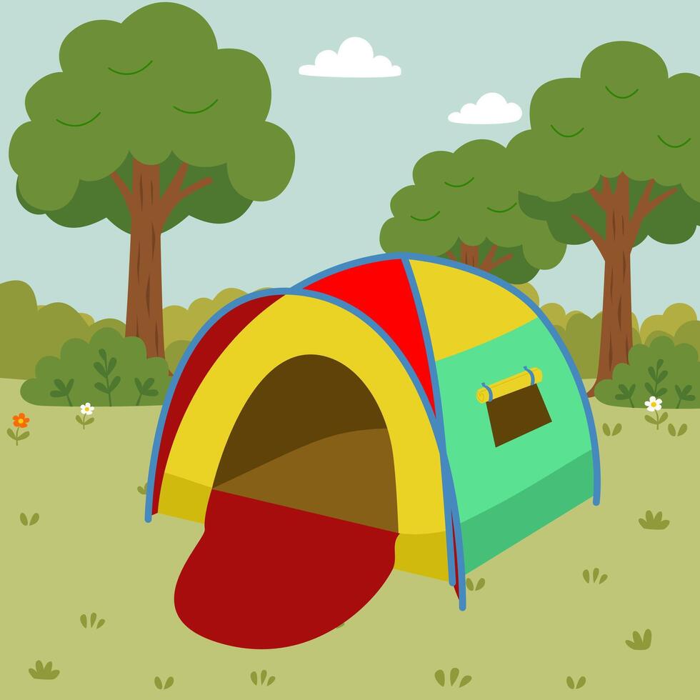 flat illustration of outdoor forest and tent for kids camping vector