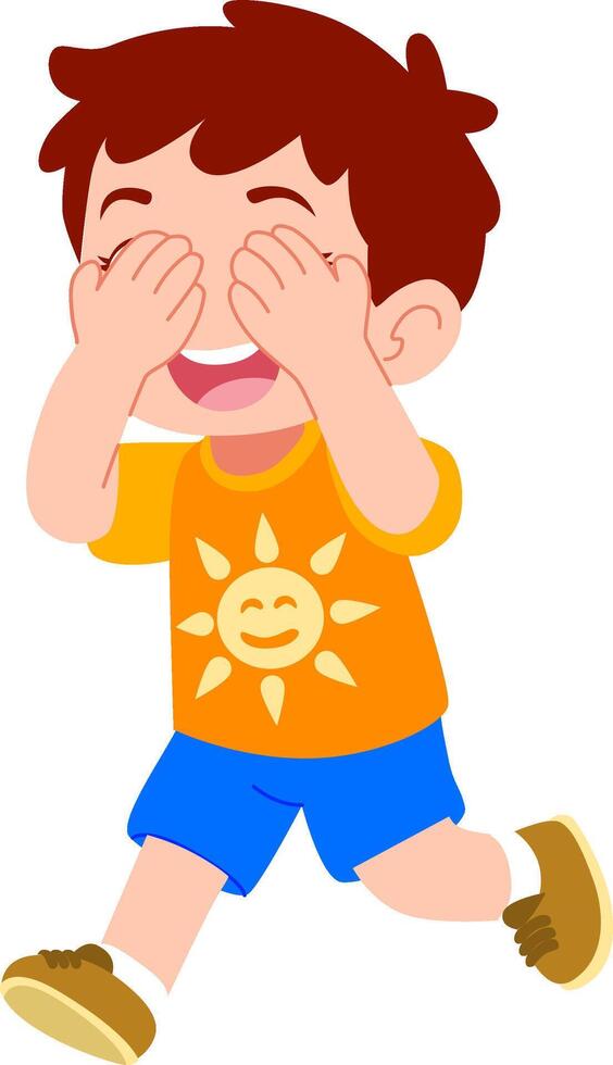 Kindergarten boy happy face character with hair clip playing hide and seek outdoors vector