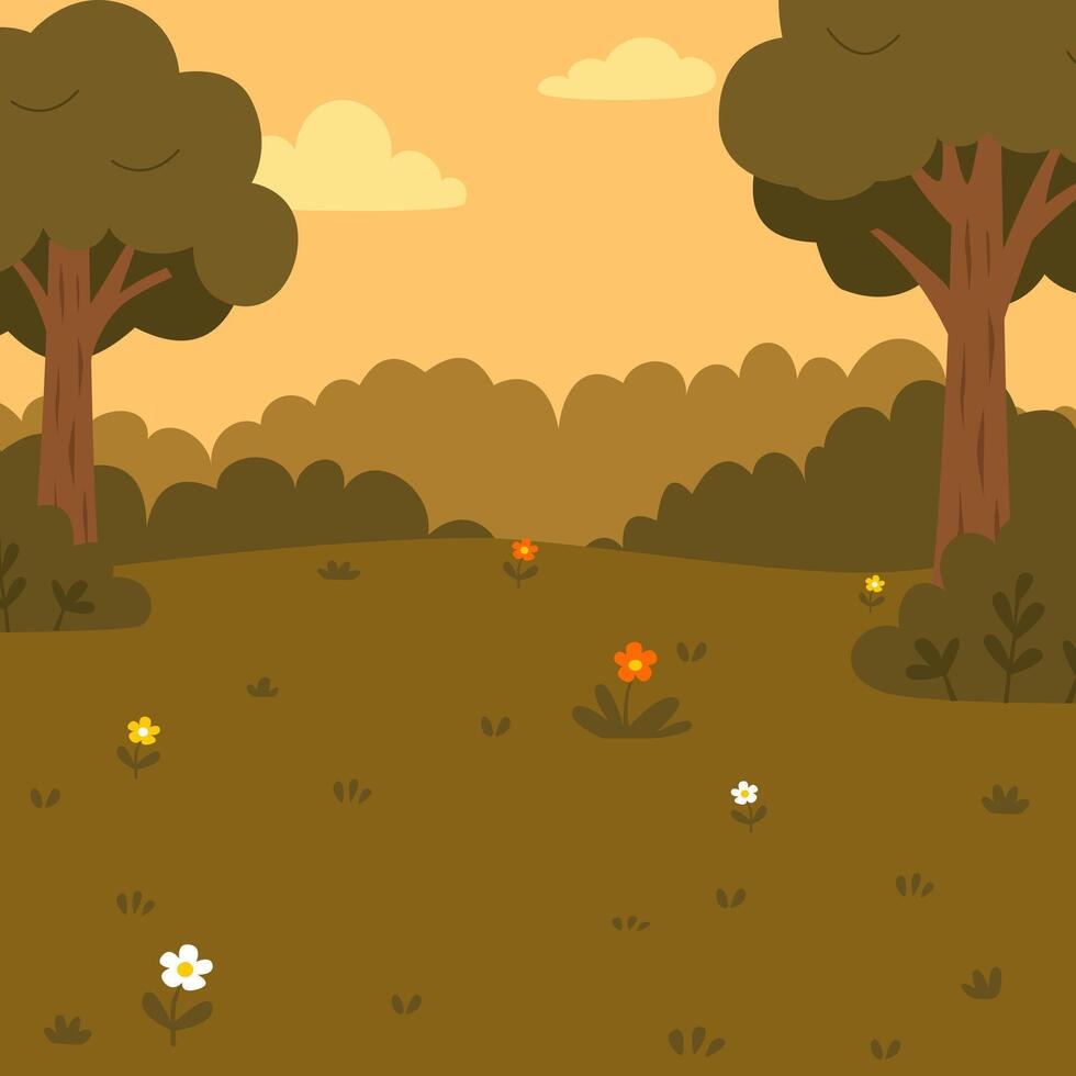 flat outdoor illustration of forest with dusk sky vector