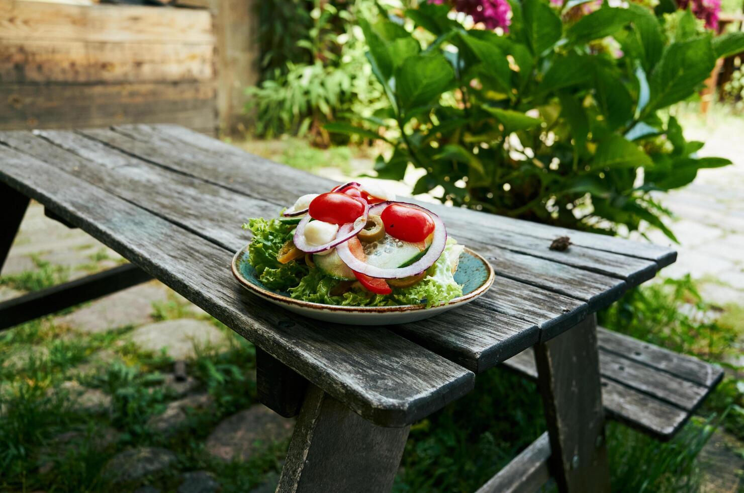 Plate of salad sits on a wooden picnic table in a garden photo