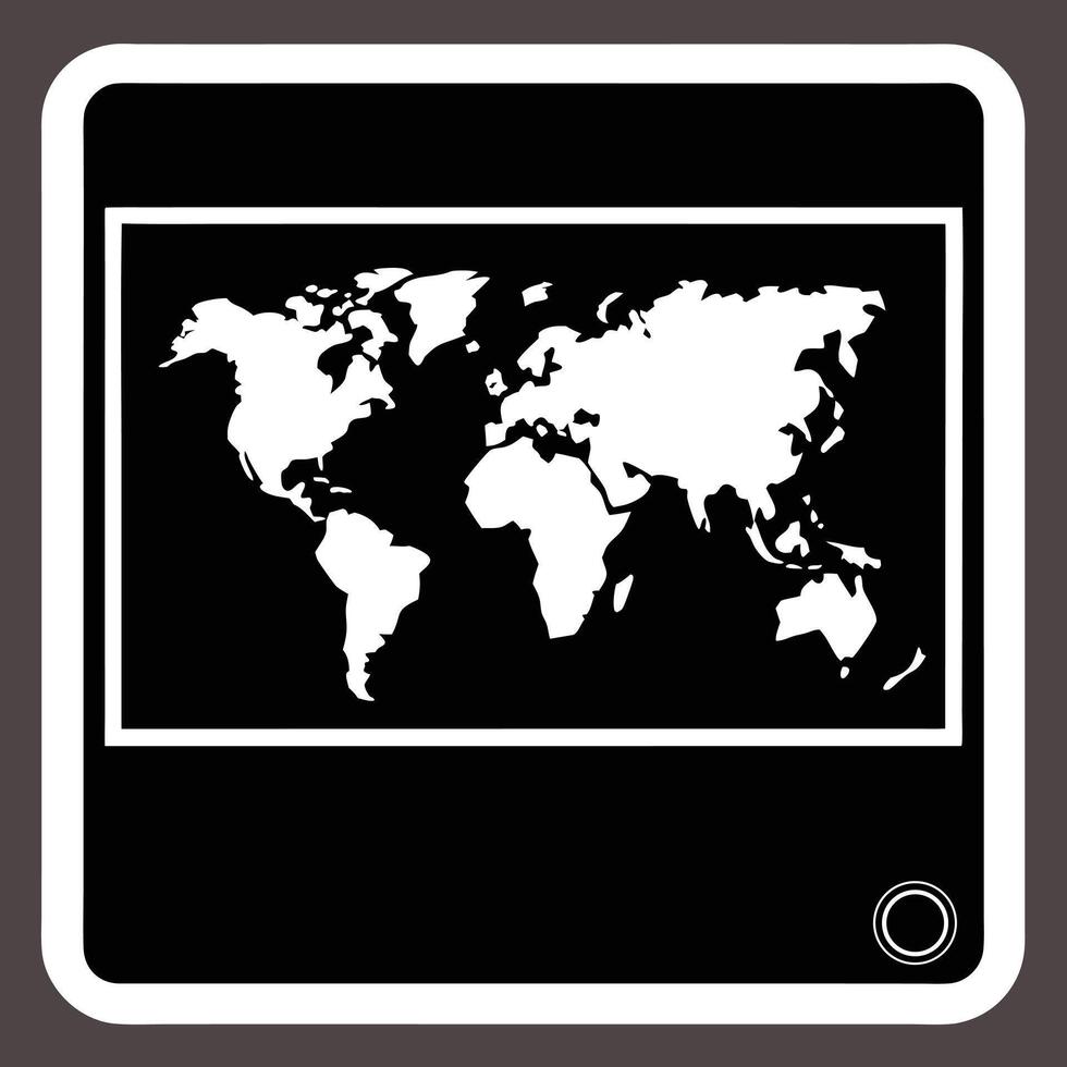 White world map graphic on black background within a rounded rectangle frame on dark gray globe vector