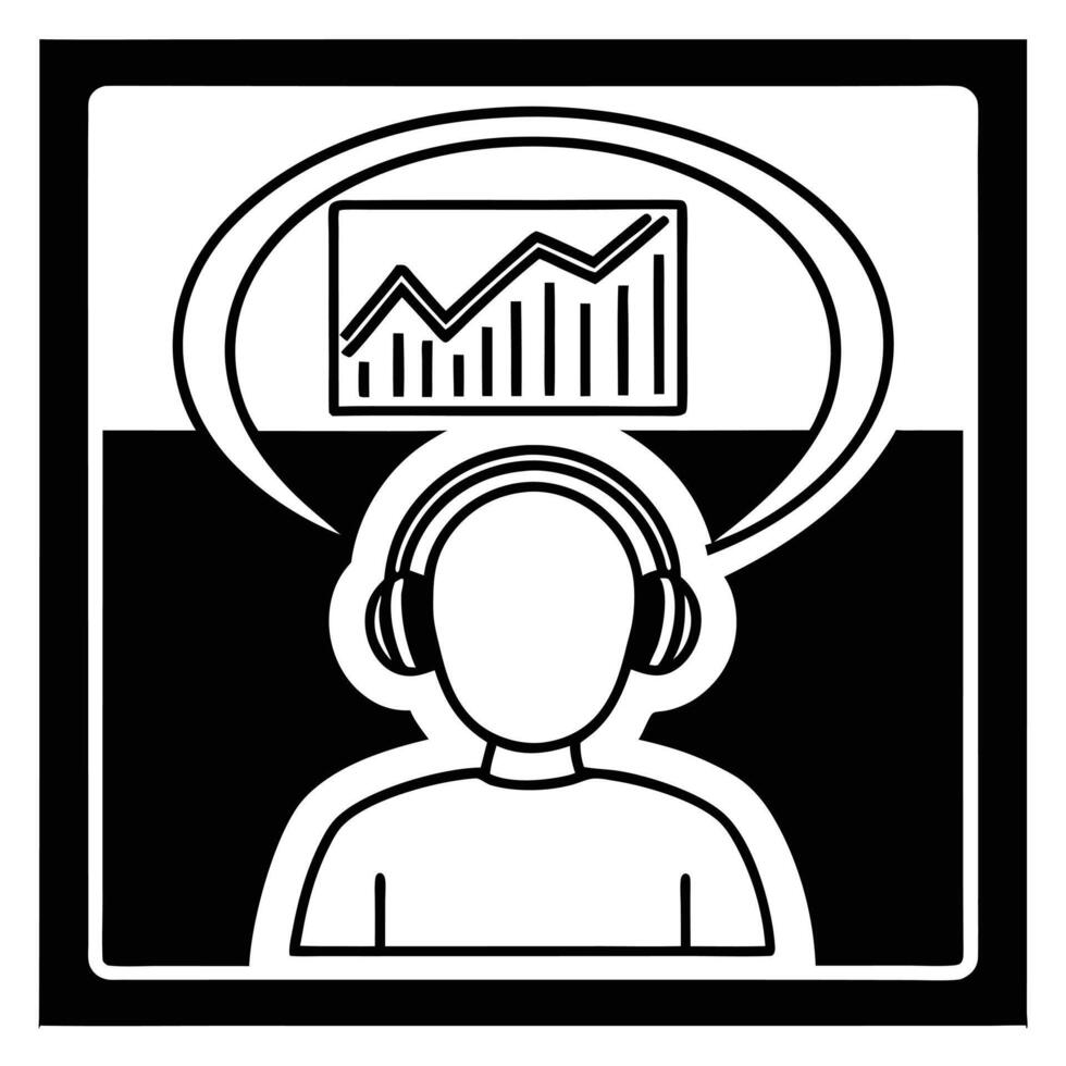 Black and white glyph icon of person wearing headphones with thought bubble showing graph vector
