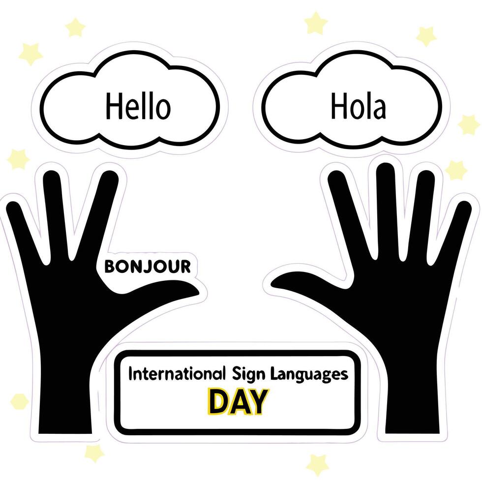 Illustration of hand shapes with Hello Hola Bonjour and International Sign Languages vector
