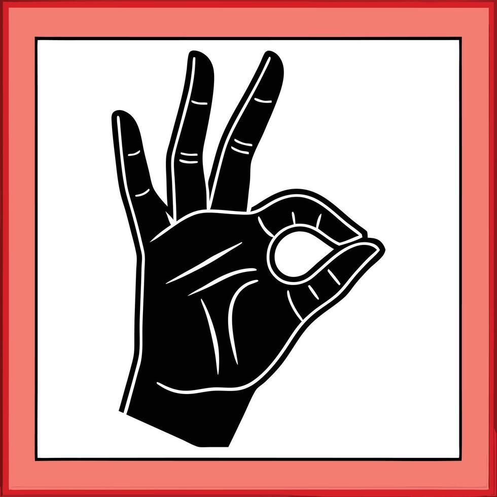Black hand silhouette making the O K gesture inside a white square with a red border okay symbol vector