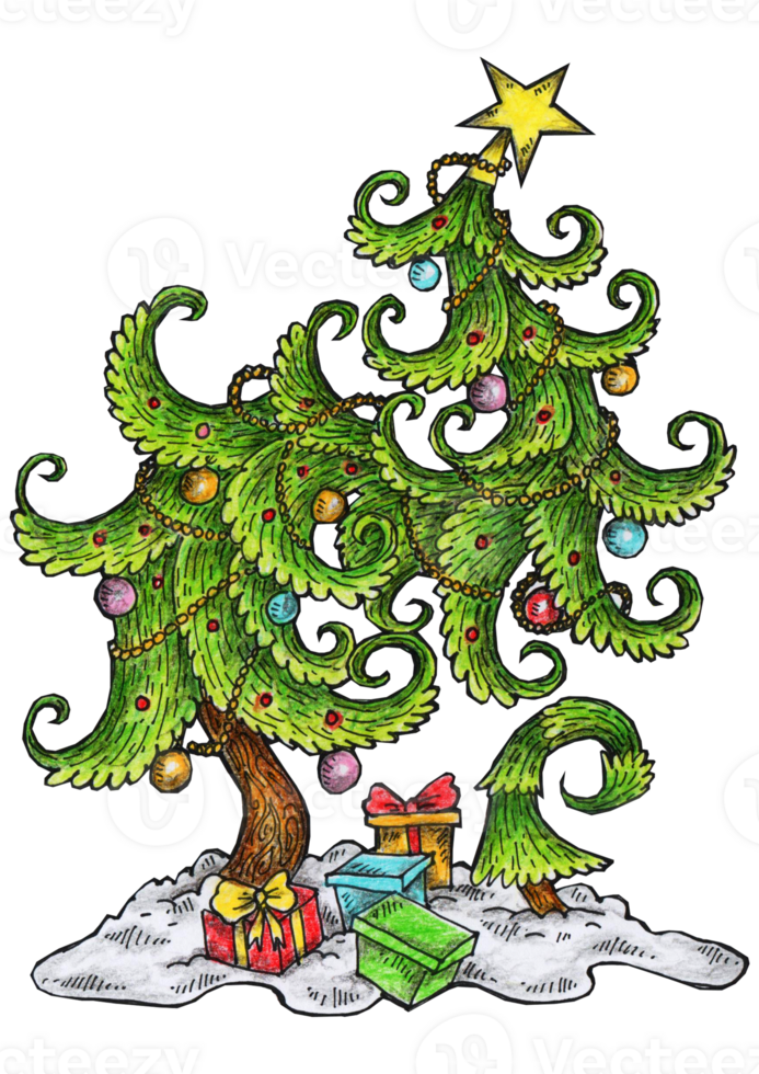 hand drawn illustration of a twisting christmas tree png