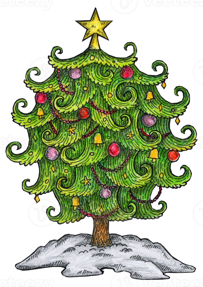 hand drawn round christmas tree illustration png