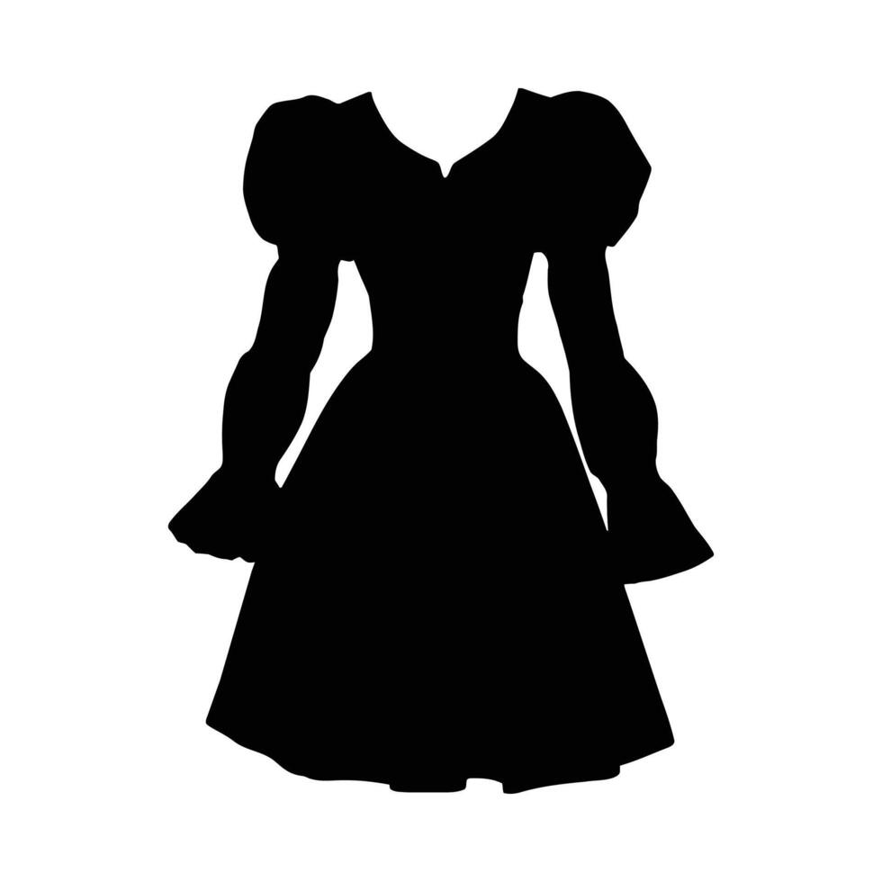 Black silhouette of a midi dress with puff sleeves and flared skirt on a white background clothing 1 vector