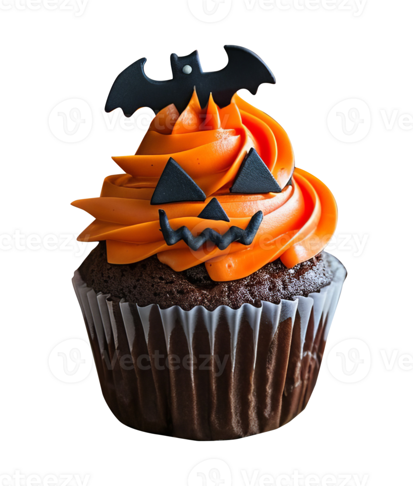 Halloween cupcakes with orange frosting and bat decorations, on a rustic wooden table, autumn leaves and candy corn around, festive concept png