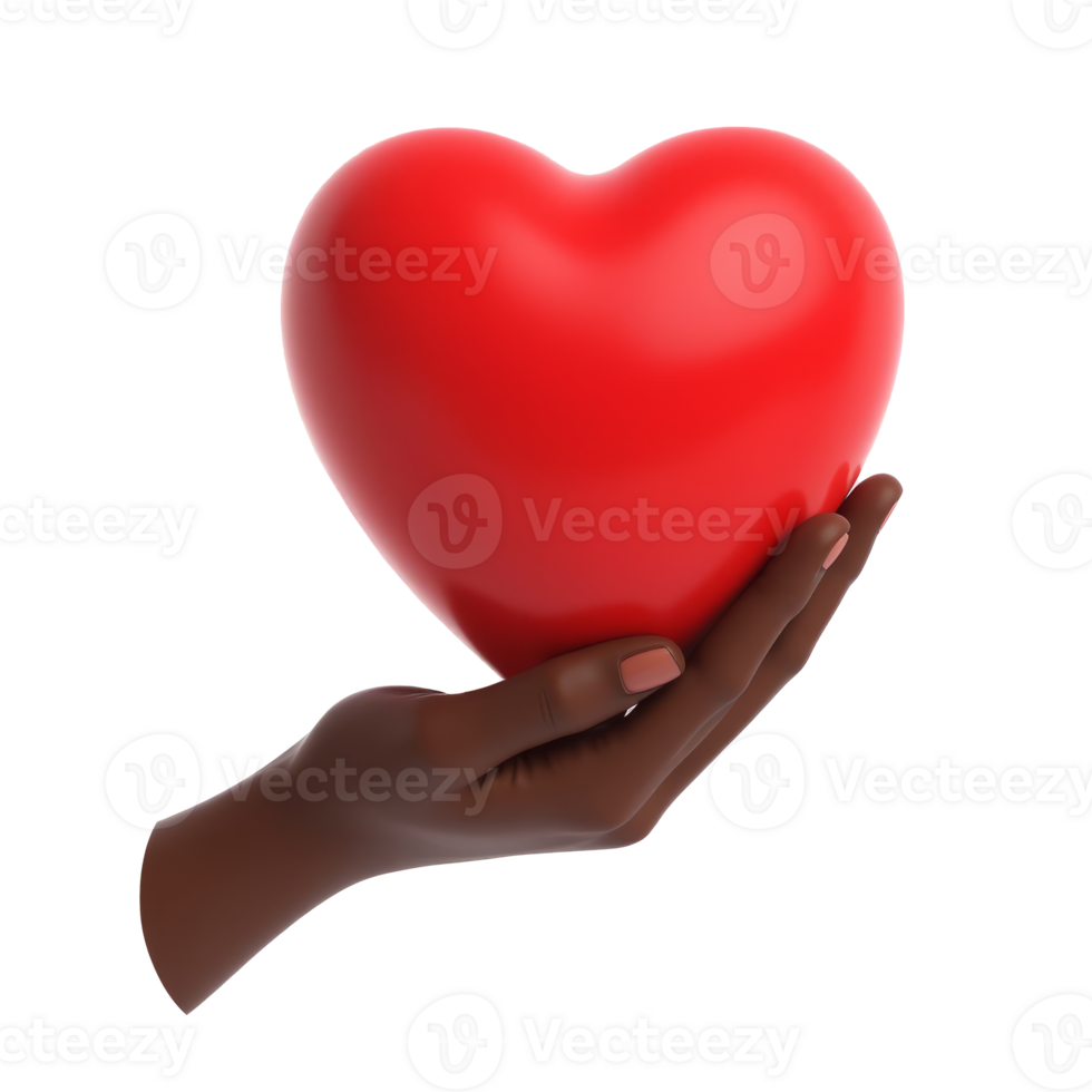 Dark-skinned hand delicately holding a red heart-shaped object, realistic style, isolated on transparent background. Concept of love and care png