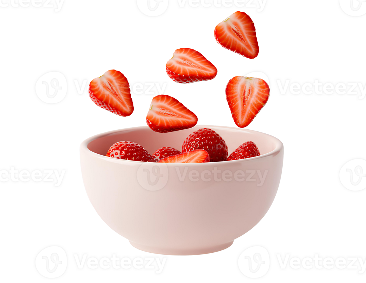 Fresh strawberry slices falling into light pink ceramic bowl for summer dessert and fruit snack visuals. Juicy red strawberries in motion falling into pastel pink bowl for organic fruit themes png