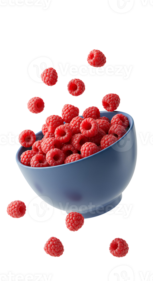 Fresh raspberries falling into blue ceramic bowl isolated on transparent background for organic fruit, summer berry, and healthy snack visuals. Bowl of ripe raspberries with juicy red berries png
