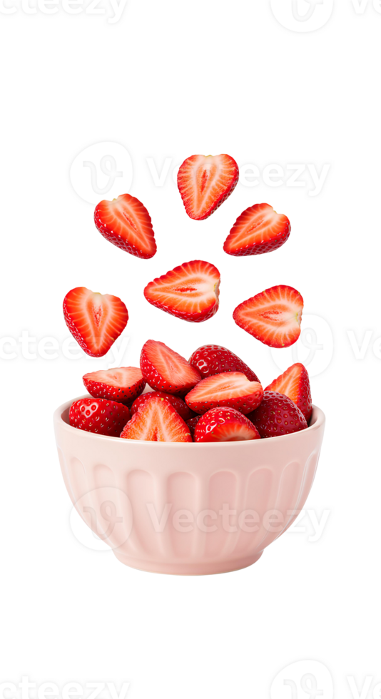 strawberry slices falling down in light pink bowl . Red strawberries falling . strawberry slices in ceramic bowl as summer dessert isolated. Strawberry fruit png