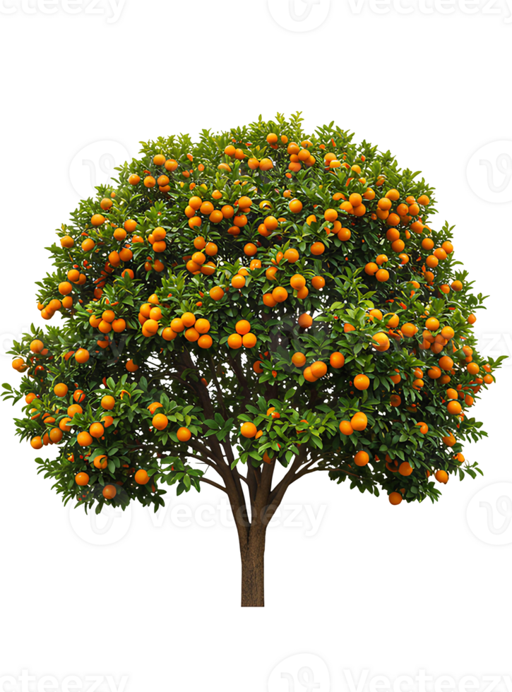 Bushy orange tree full of ripe fruit isolated on transparent background for nature visuals, citrus farming themes, and organic food promotions. Orange tree with vibrant green leaves and oranges png
