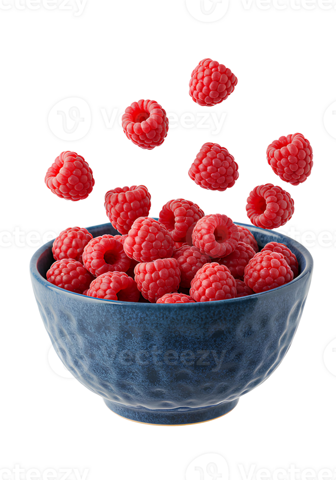 Fresh raspberries falling into blue ceramic bowl for organic fruit, summer berries, and healthy eating visuals. Bowl of red raspberries with juicy berry fruit tumbling down png