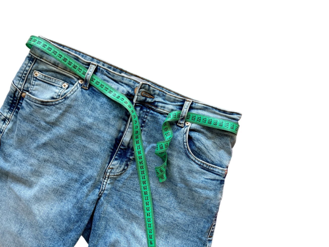 Jeans and green measuring tape instead of a belt on a transparent background. Concept of weight loss, diet, detox, thin waist. Copy space for text png