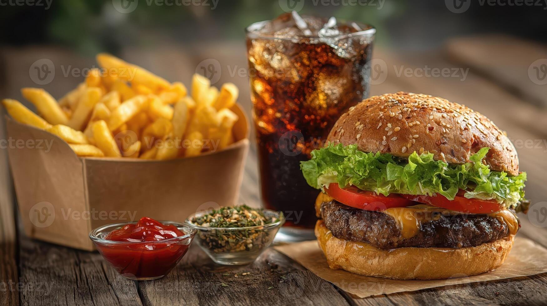 Stylized illustration of an American fast food set - Burger, fries, and soda. Perfect for menus or food blogs. photo