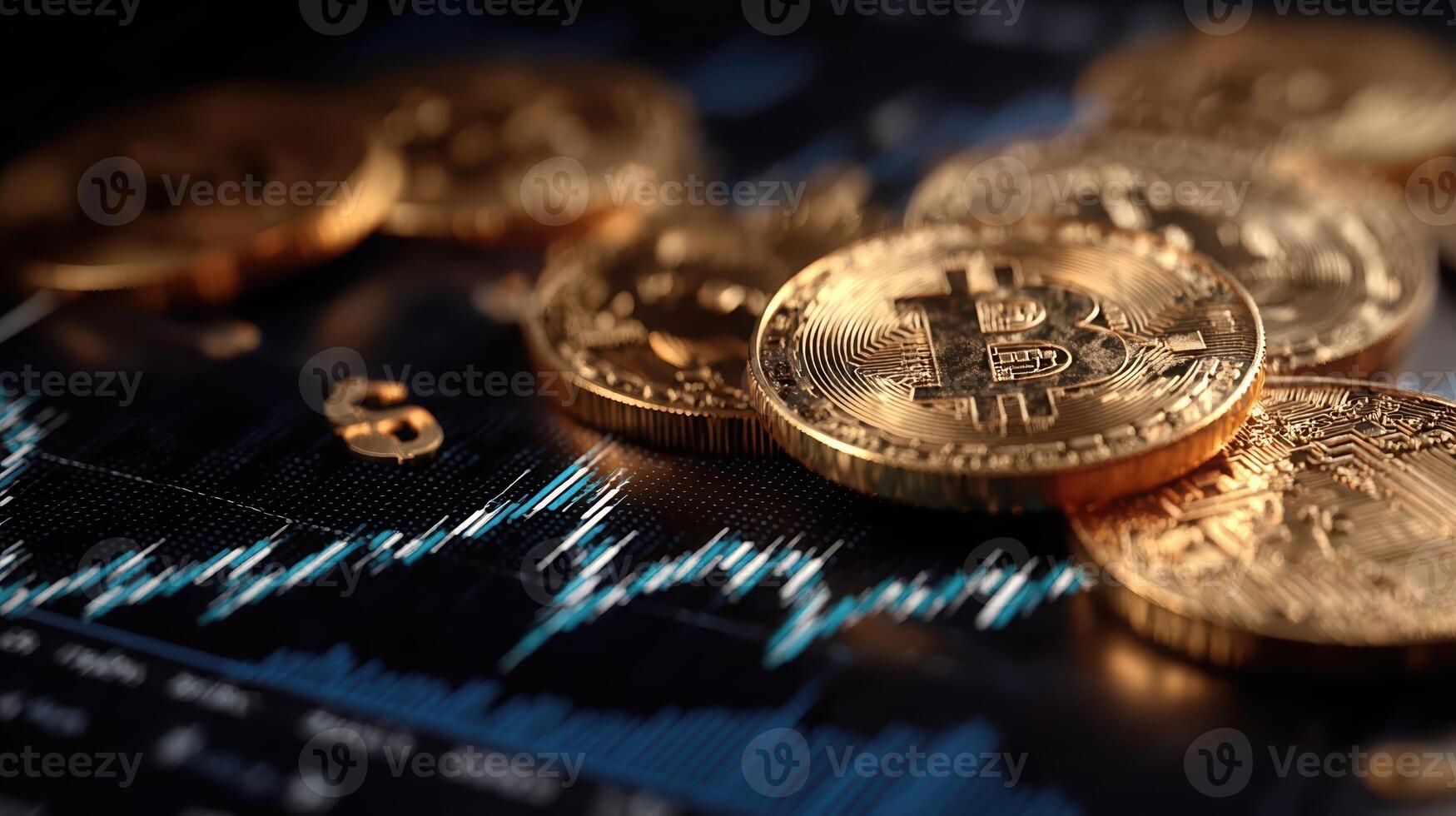 Bitcoin BTC currency with a background of a stock market or cryptocurrency exchange chart showing price movements. photo