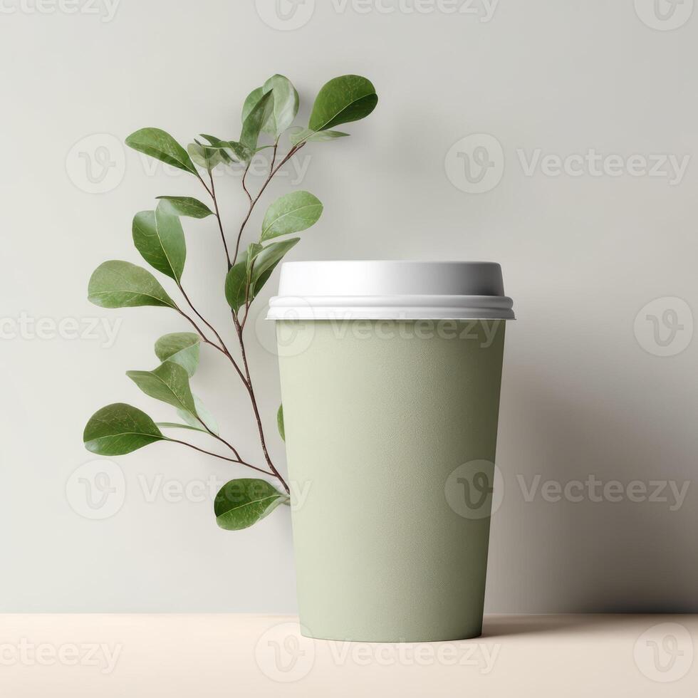 Green to-go cup with Eucalyptus cinerea on light beige background photo