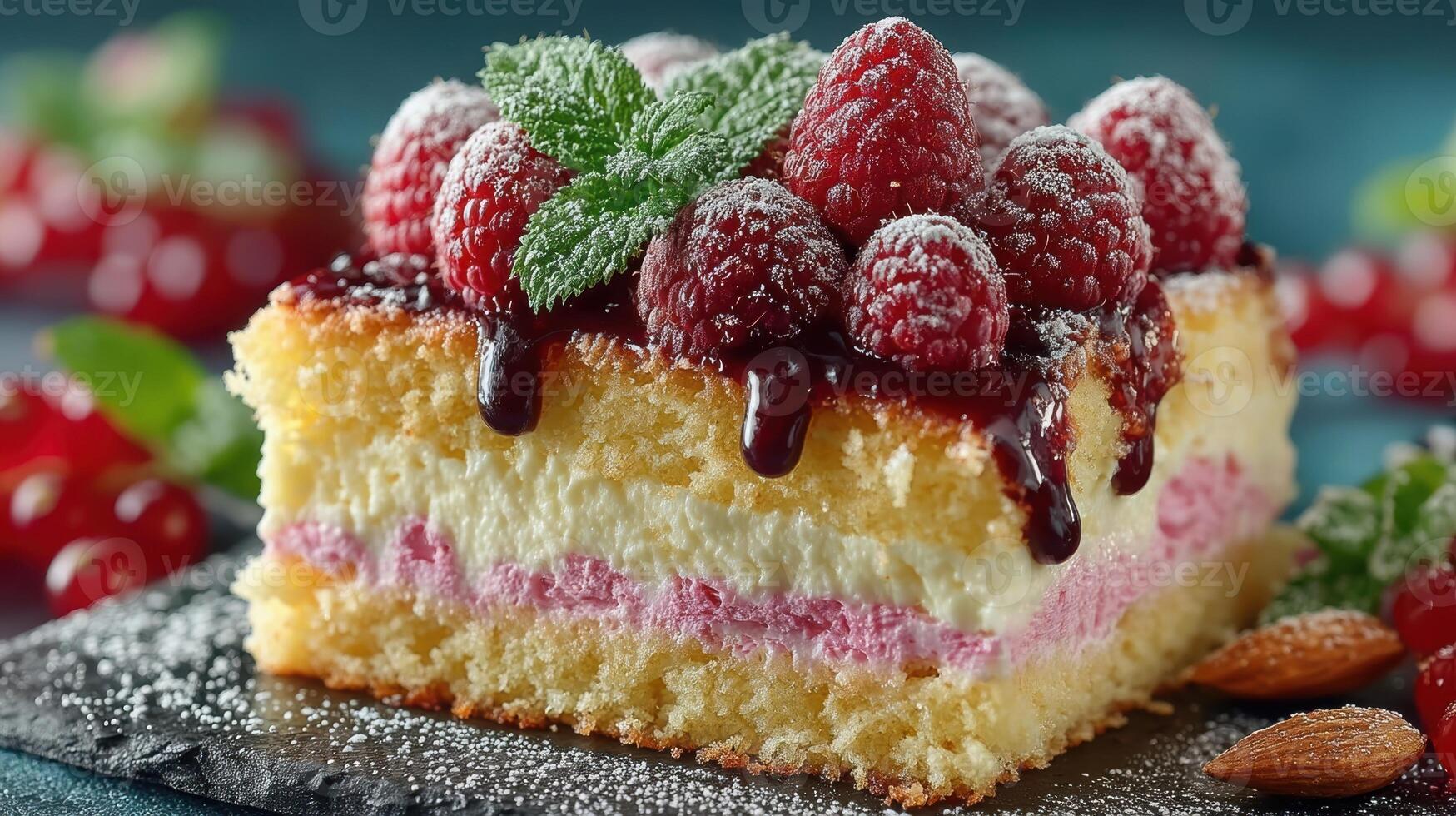 Slice of light sponge cake with creamy raspberry filling, topped with juicy raspberries and sauce. Almonds around. photo