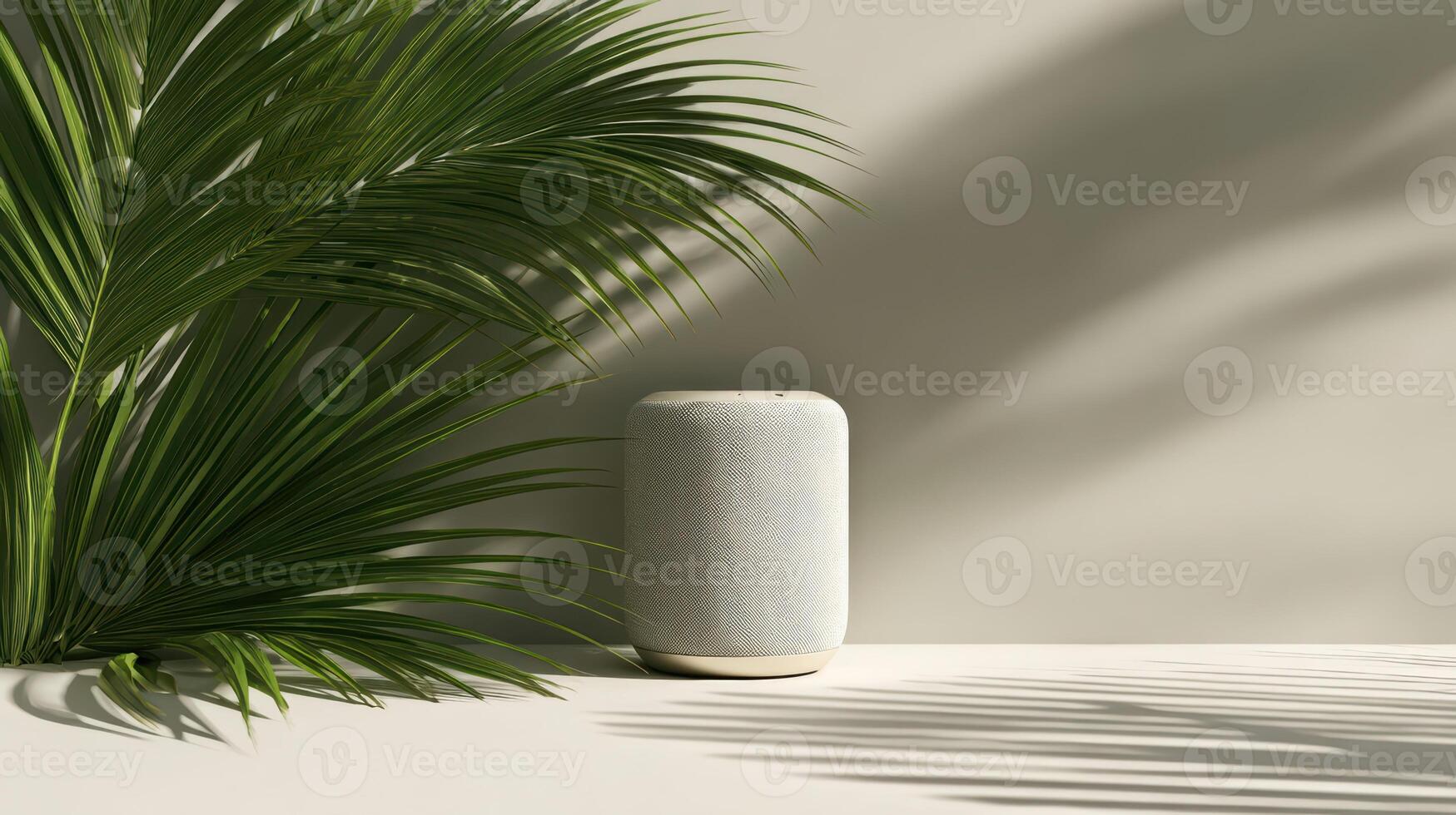 Modern tech meets nature a smart speaker and a green palm frond photo