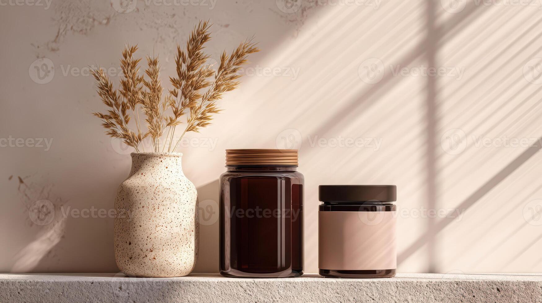 Two apothecary jars and dried grass create a calm rustic mood photo