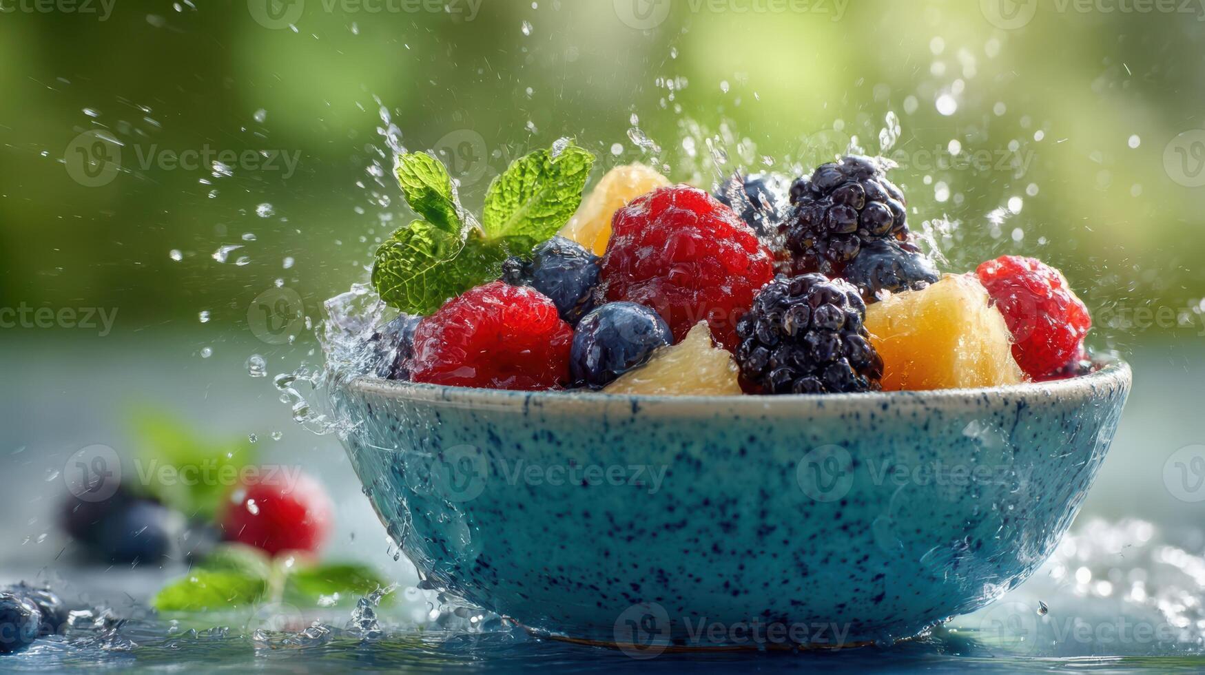 A delightful bowl of fresh raspberries, blueberries, and other fruits with mint, caught in a moment of splashing water. photo