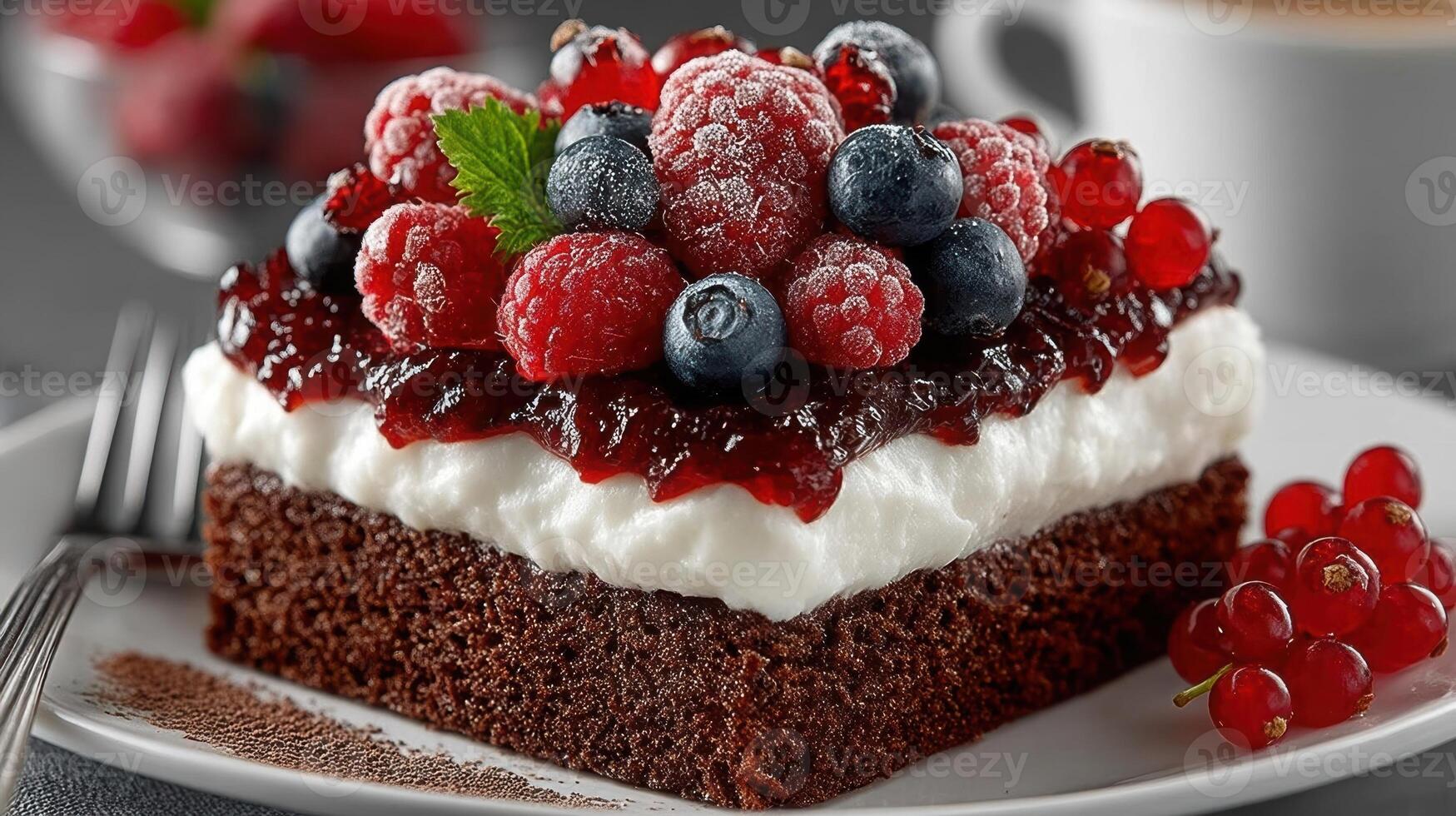Delicious berry and chocolate cake with a smooth cream filling. Perfect dessert with fresh redcurrants and raspberries. photo