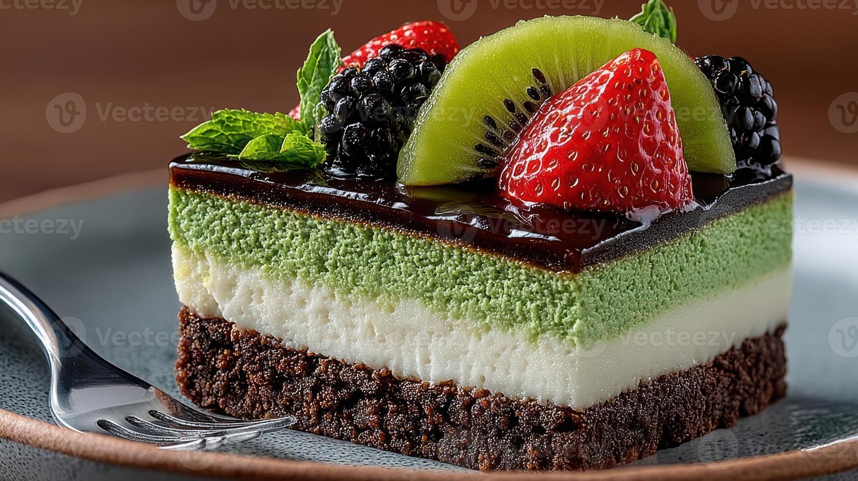 Slice of delicate matcha tiramisu with kiwi, strawberry, and blackberry. A perfect fusion of flavors and textures. photo