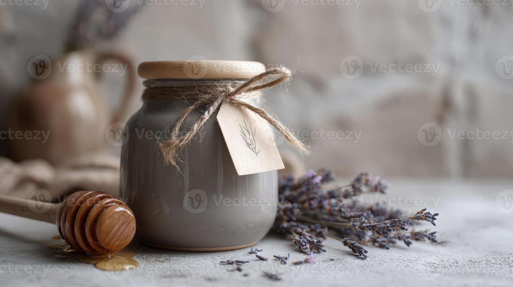 A still life shows a honey pot lavender and a wooden dipper photo