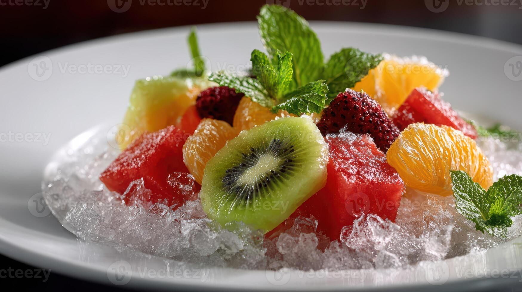 Fresh fruit salad with kiwi, watermelon, orange, and berries on crushed ice, garnished with mint. photo