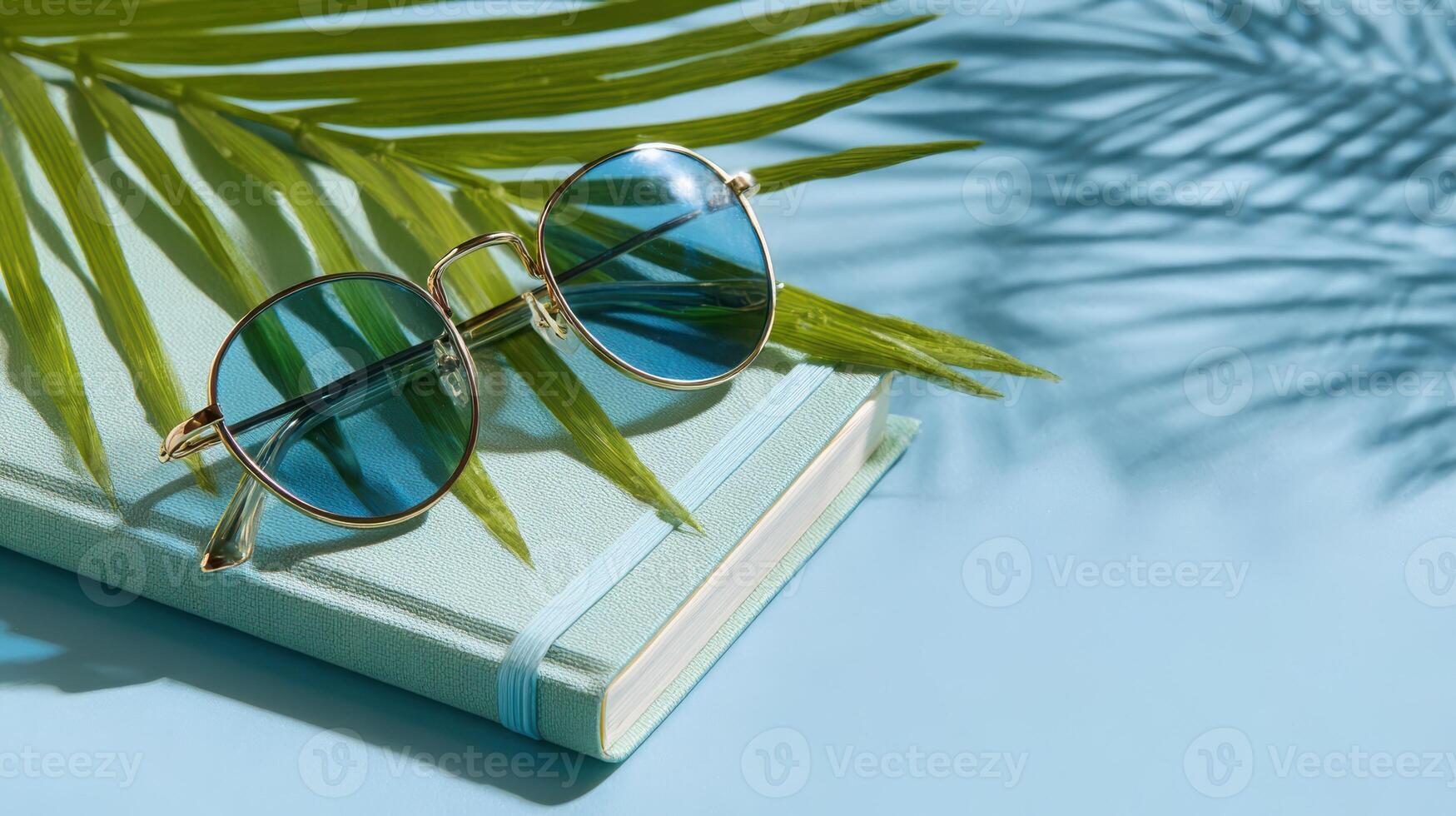 Glass bottle with leaves in liquid, lush greenery, a notebook, pen, and glasses on a light surface, subtle blur, crafted for serene natural product promotions. photo
