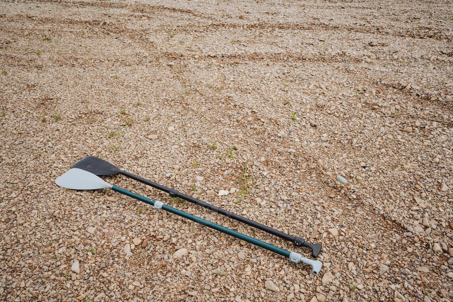 Two wooden oars are resting on the sandy ground on the beach, their smooth surfaces gleaming under the sunlight as they lay in a relaxed position, waiting to be picked up photo