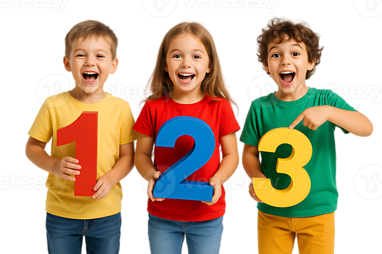 Happy preschool children holding large colorful numbers one two three learning education concept png